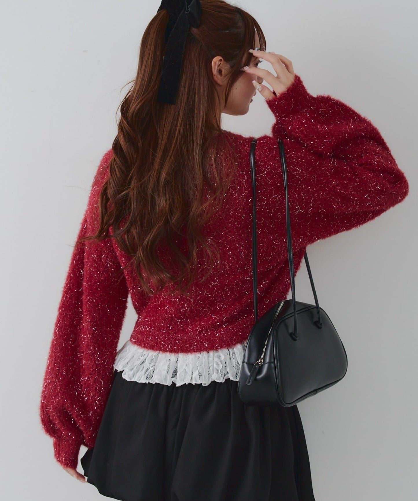 亮片羽毛紗拼接蕾絲下襬開衫