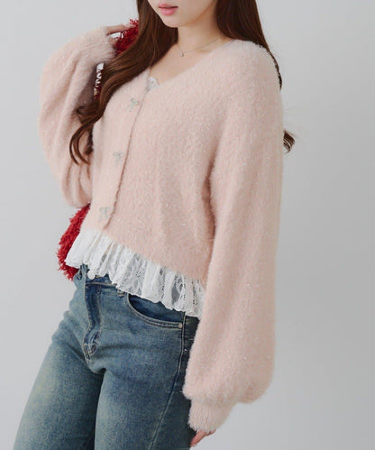 亮片羽毛紗拼接蕾絲下襬開衫