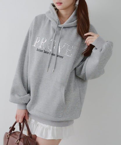 亮片標誌加絨寬鬆連帽衛衣