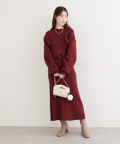 前後兩穿交叉蝴蝶結針織衫連衣裙套裝