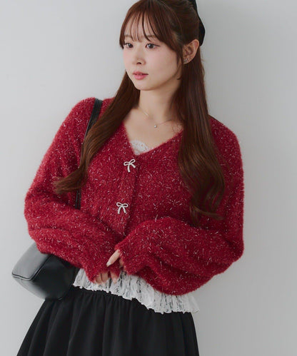 亮片羽毛紗拼接蕾絲下襬開衫