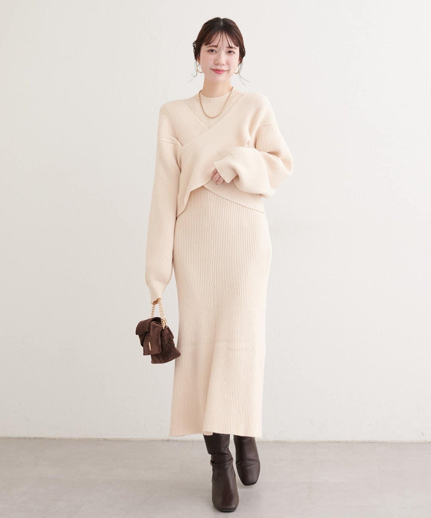 前後兩穿交叉蝴蝶結針織衫連衣裙套裝