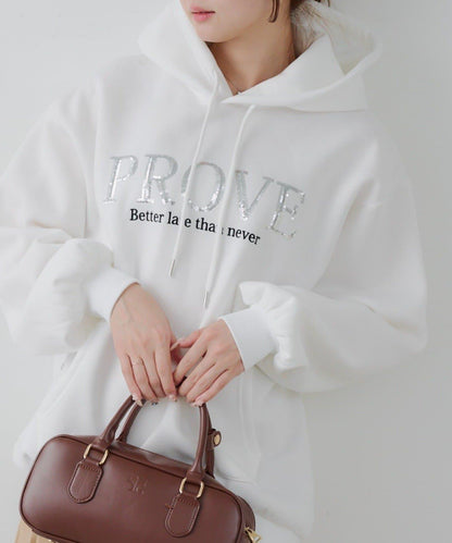 亮片標誌加絨寬鬆連帽衛衣