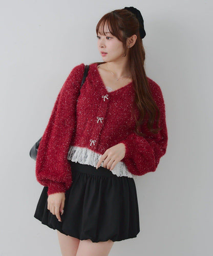 亮片羽毛紗拼接蕾絲下襬開衫