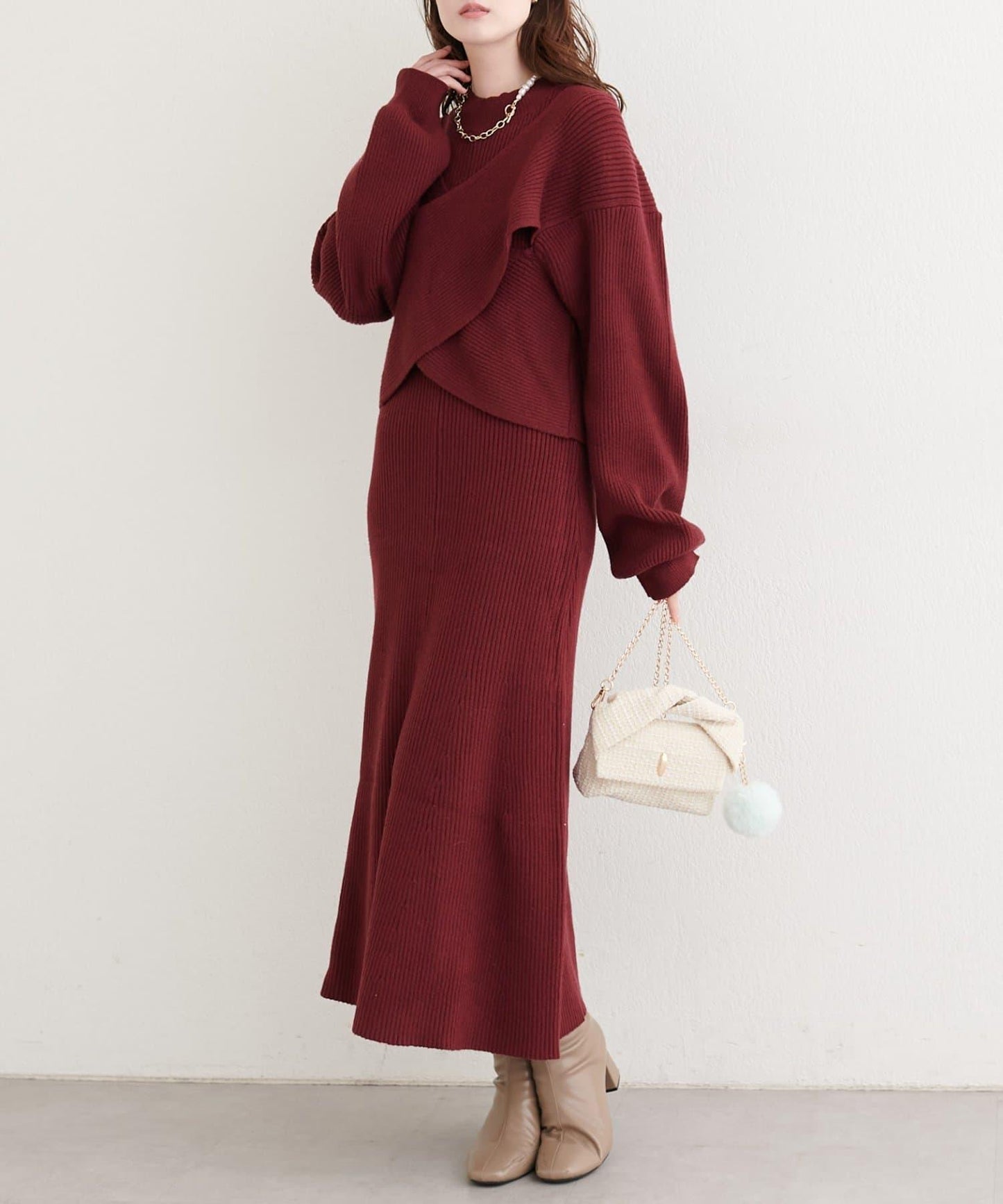 前後兩穿交叉蝴蝶結針織衫連衣裙套裝