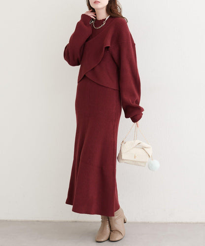 前後兩穿交叉蝴蝶結針織衫連衣裙套裝