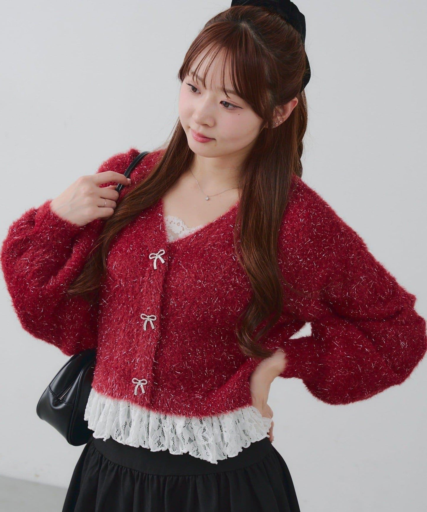 亮片羽毛紗拼接蕾絲下襬開衫