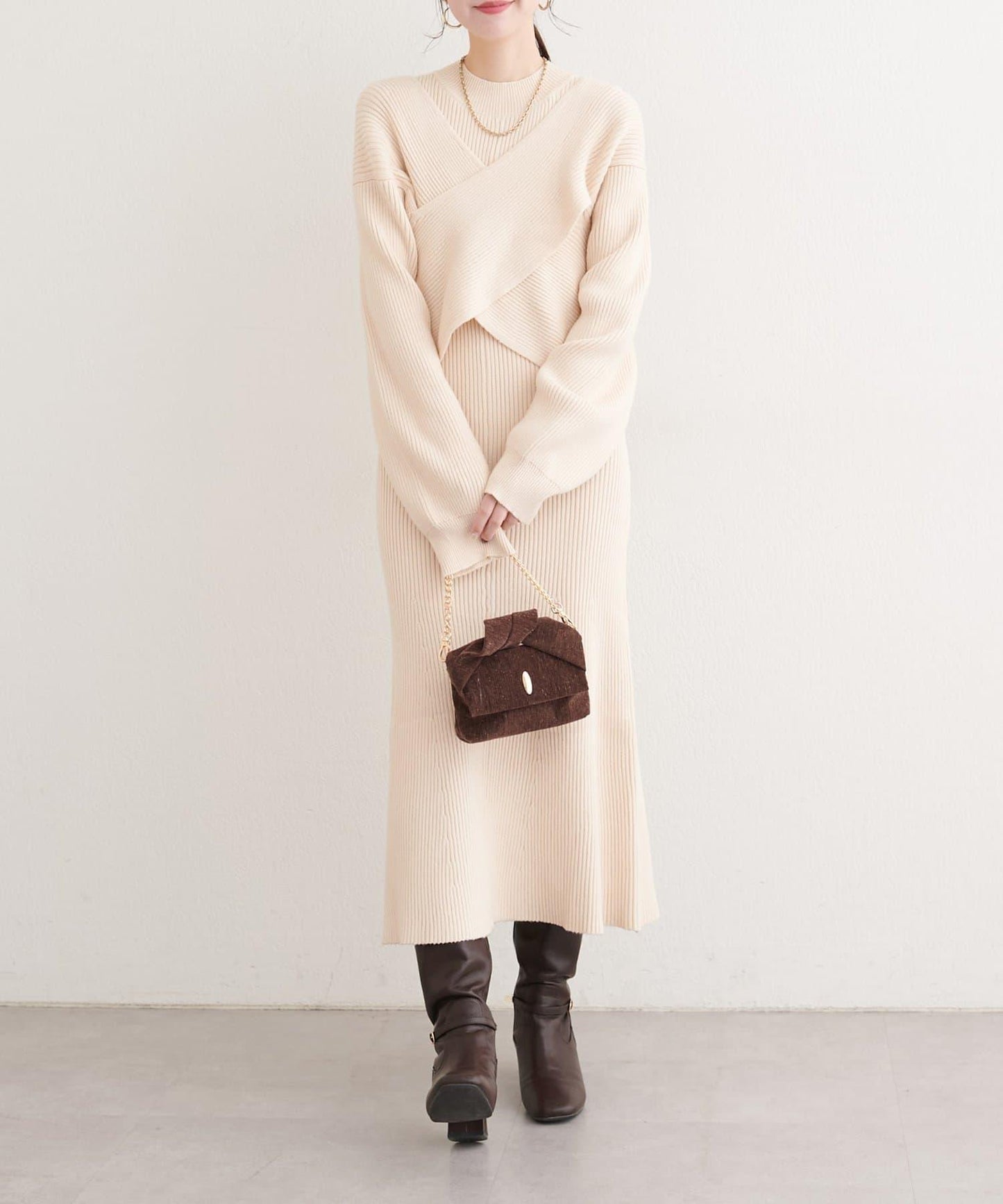 前後兩穿交叉蝴蝶結針織衫連衣裙套裝