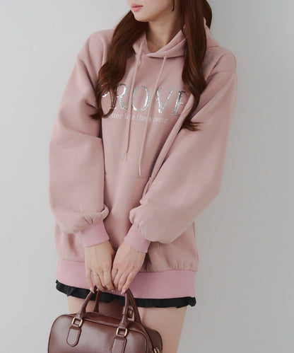 亮片標誌加絨寬鬆連帽衛衣