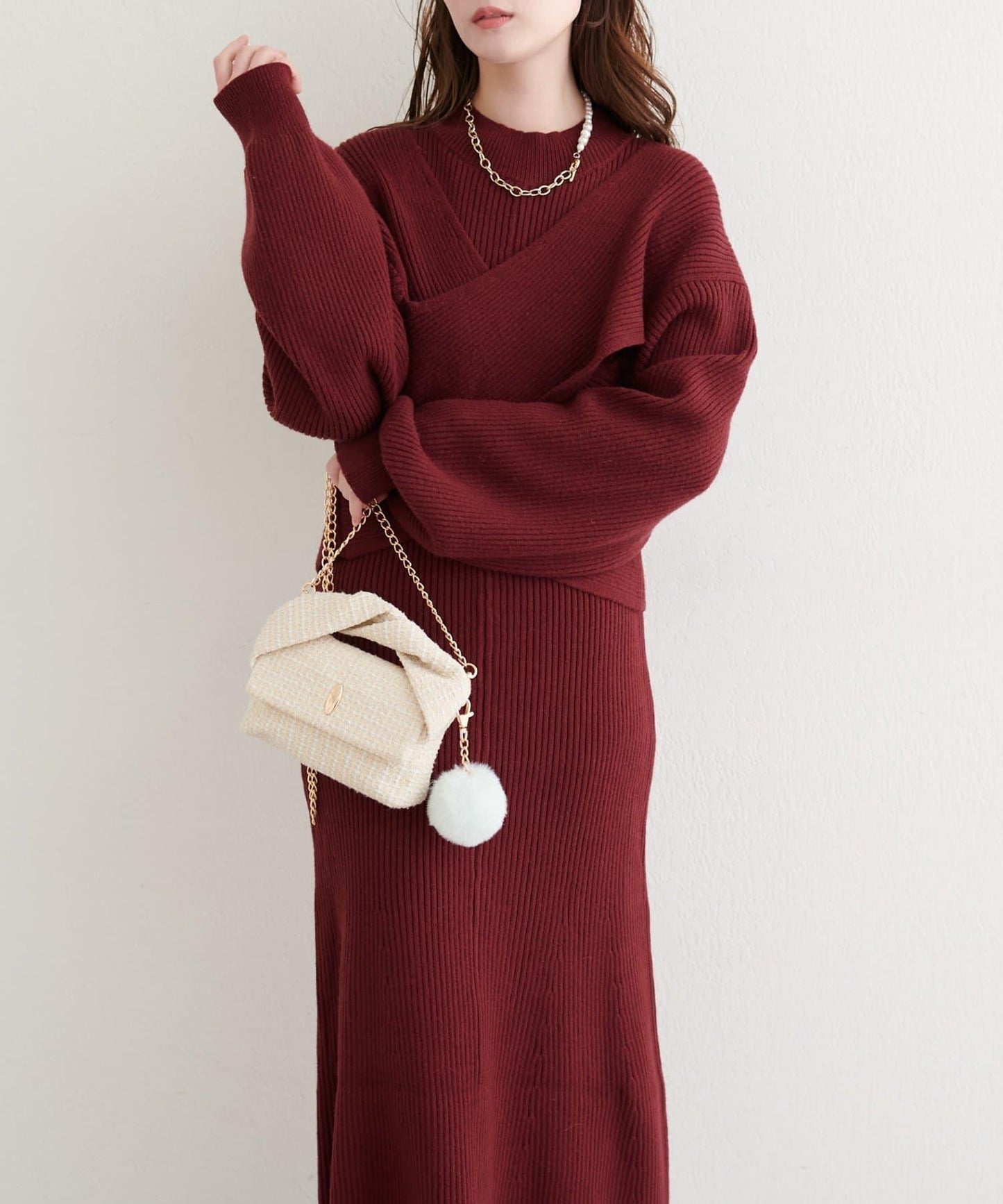 前後兩穿交叉蝴蝶結針織衫連衣裙套裝