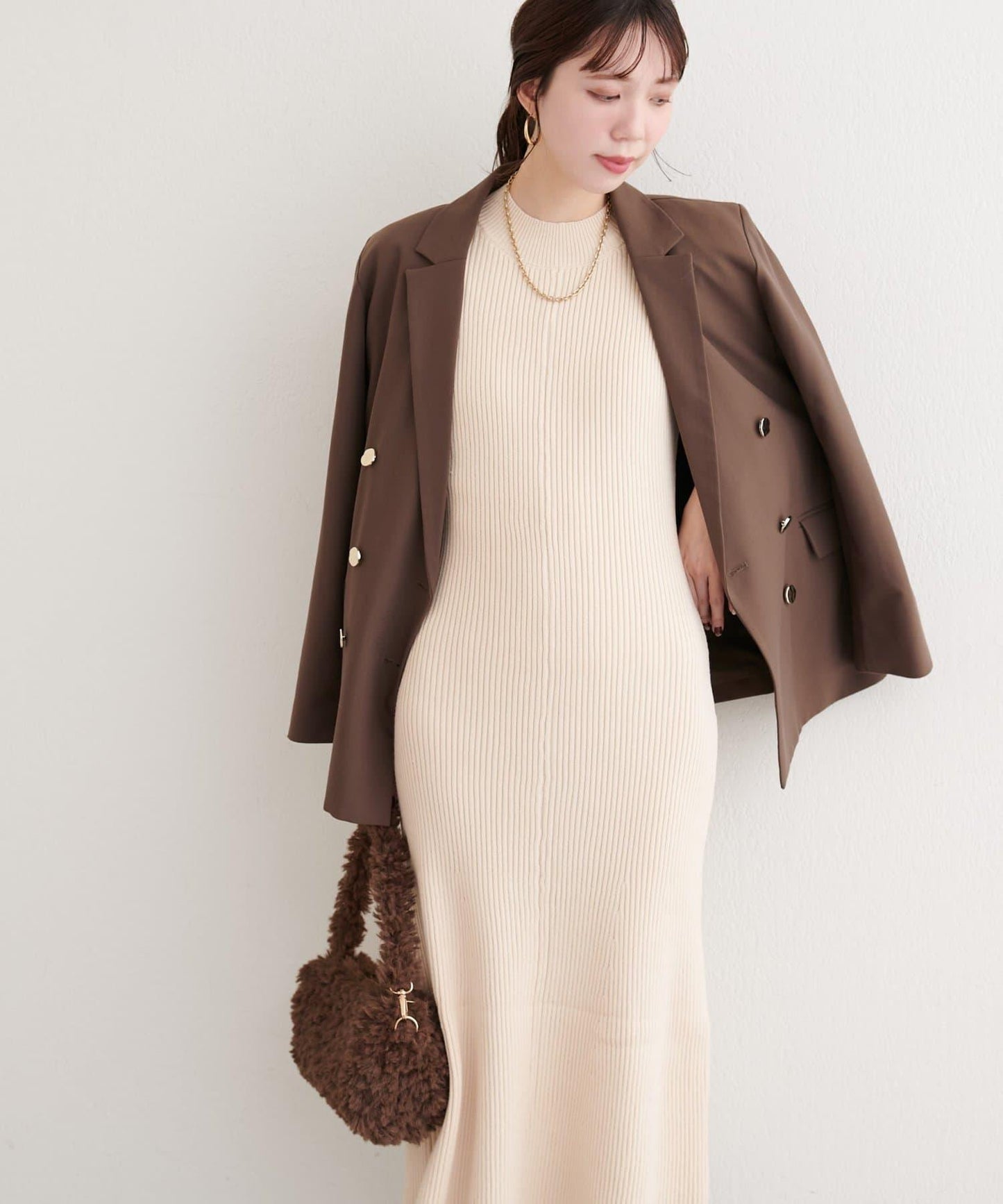 前後兩穿交叉蝴蝶結針織衫連衣裙套裝