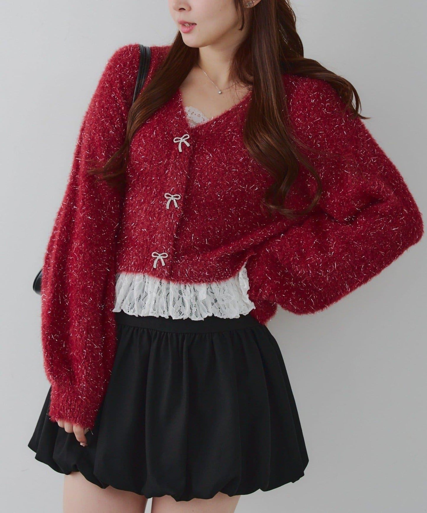 亮片羽毛紗拼接蕾絲下襬開衫