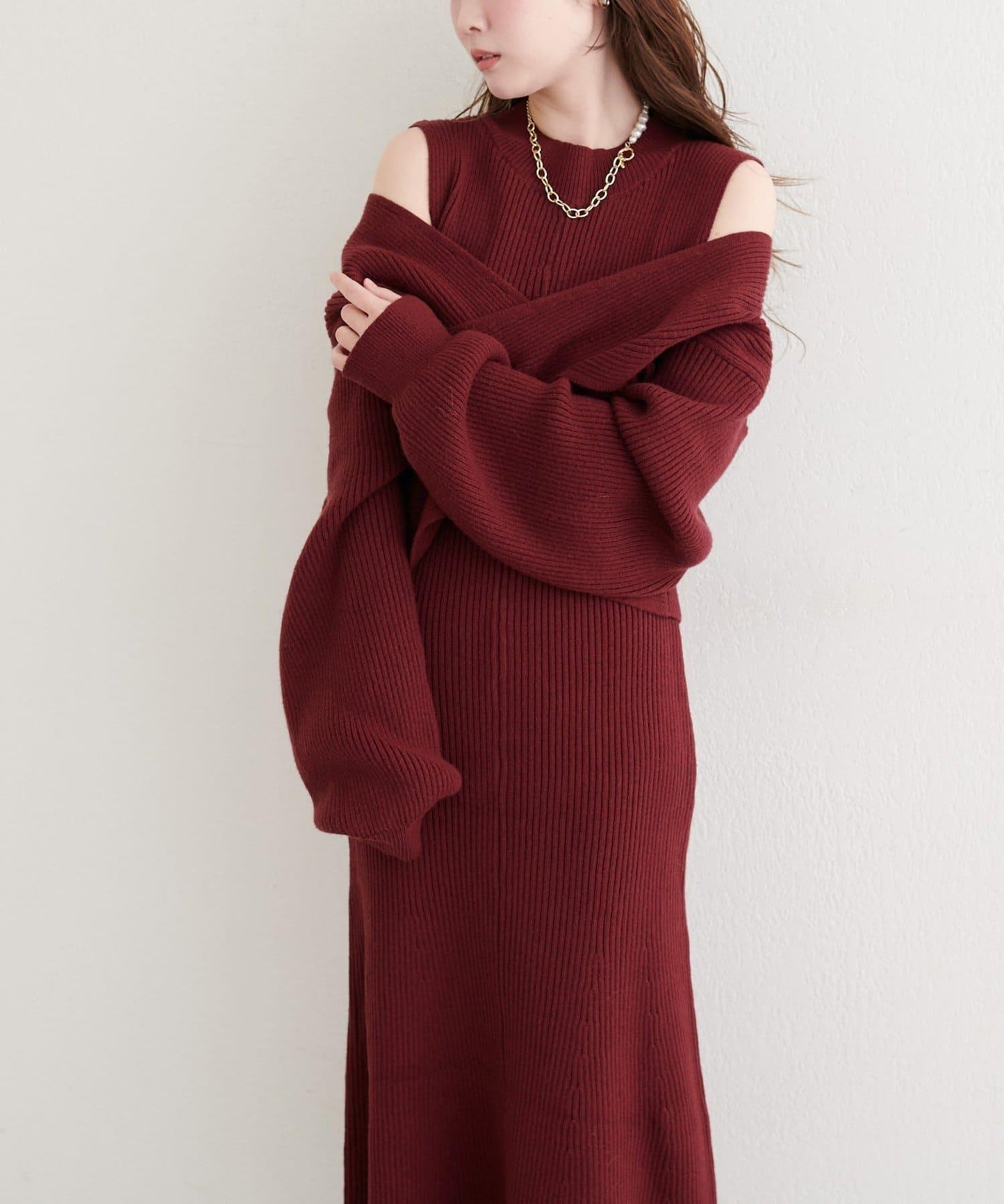 前後兩穿交叉蝴蝶結針織衫連衣裙套裝