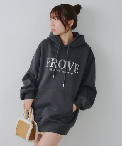 亮片標誌加絨寬鬆連帽衛衣