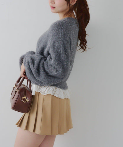 亮片羽毛紗拼接蕾絲下襬開衫