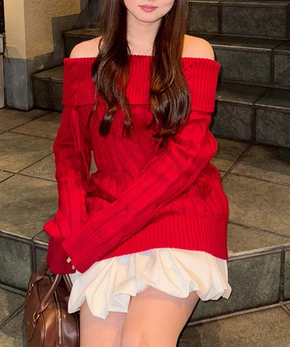 【HolidayCollection】一字肩麻花針織衫