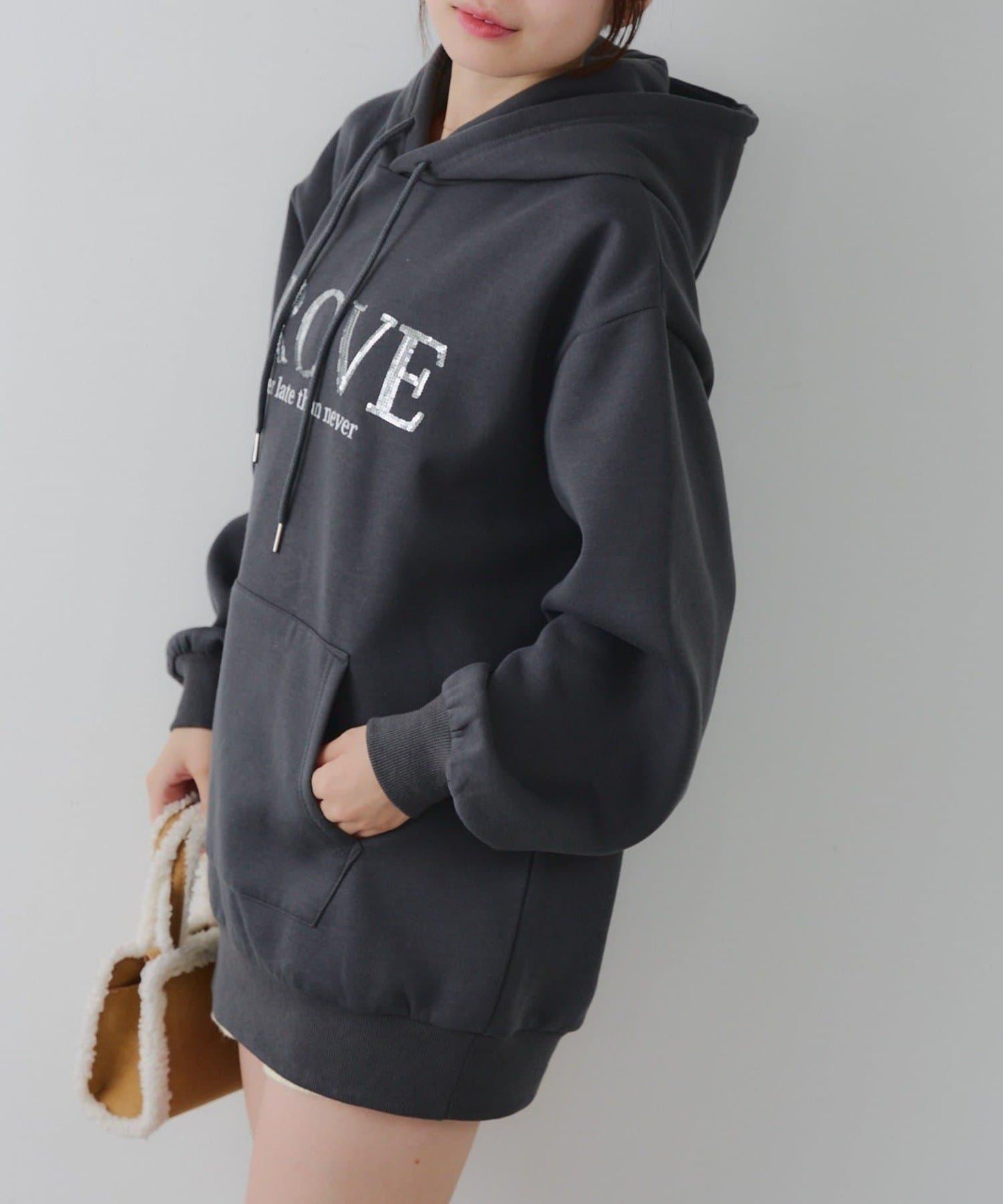 亮片標誌加絨寬鬆連帽衛衣