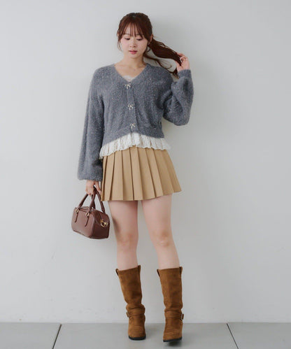 亮片羽毛紗拼接蕾絲下襬開衫