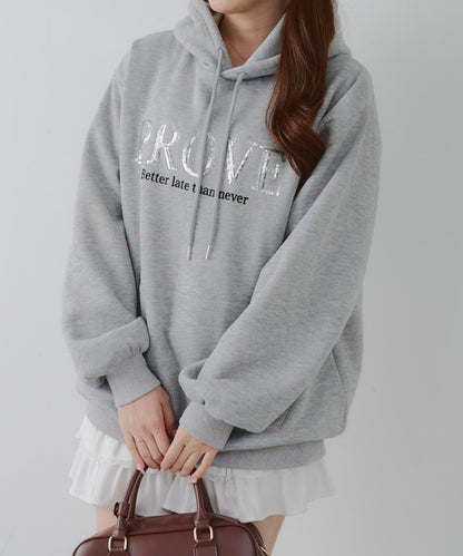 亮片標誌加絨寬鬆連帽衛衣