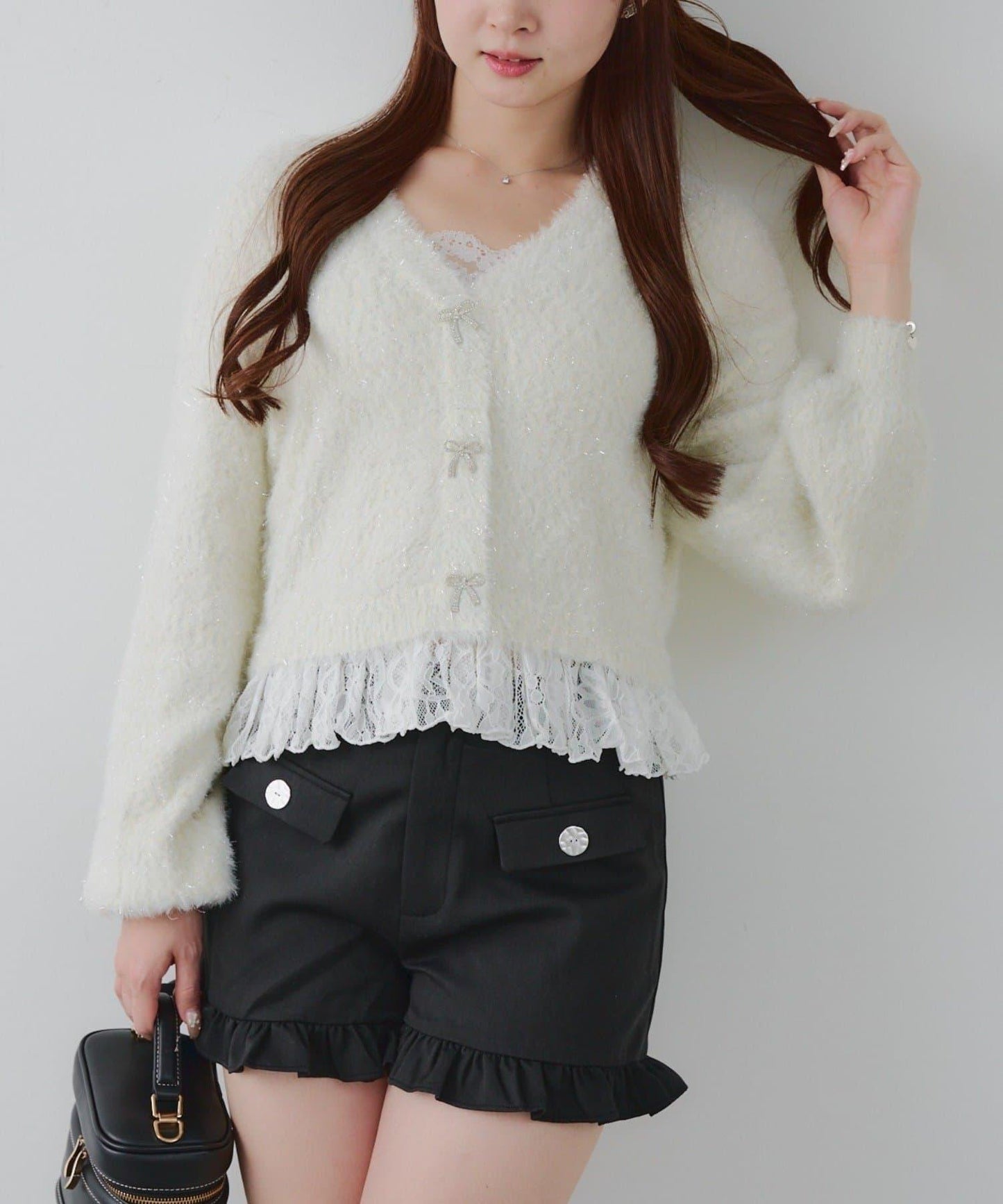 亮片羽毛紗拼接蕾絲下襬開衫