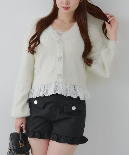 亮片羽毛紗拼接蕾絲下襬開衫