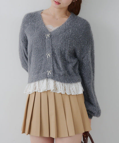 亮片羽毛紗拼接蕾絲下襬開衫