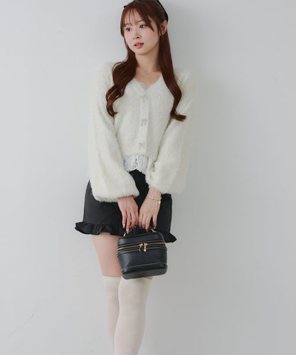 亮片羽毛紗拼接蕾絲下襬開衫