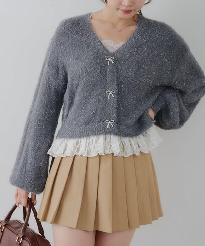 亮片羽毛紗拼接蕾絲下襬開衫