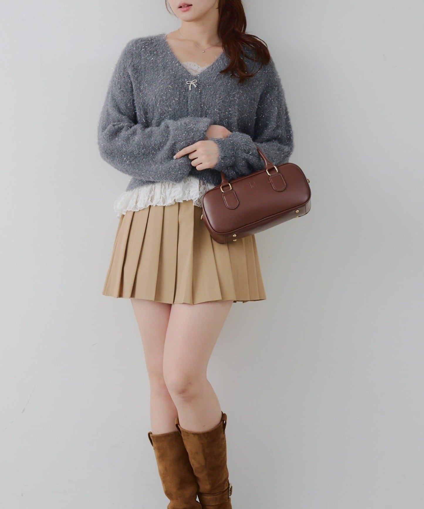 亮片羽毛紗拼接蕾絲下襬開衫