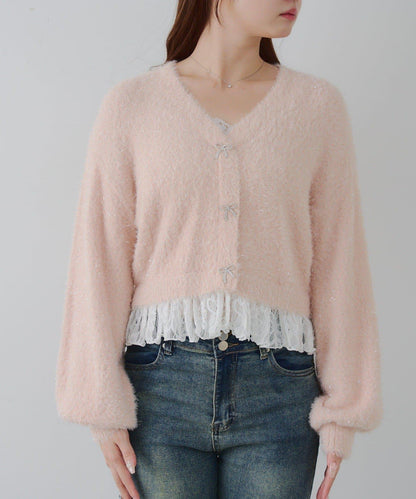 亮片羽毛紗拼接蕾絲下襬開衫