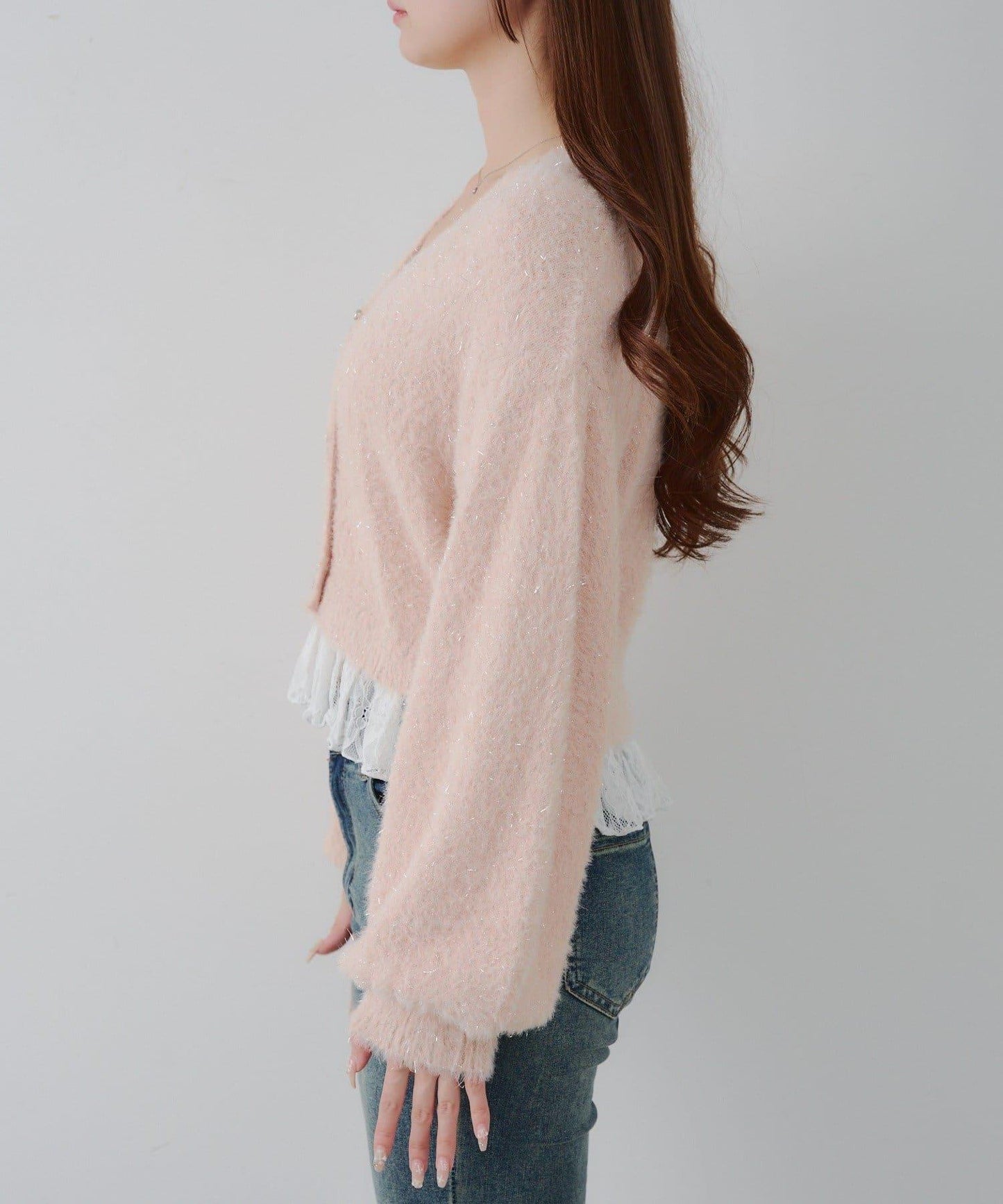 亮片羽毛紗拼接蕾絲下襬開衫