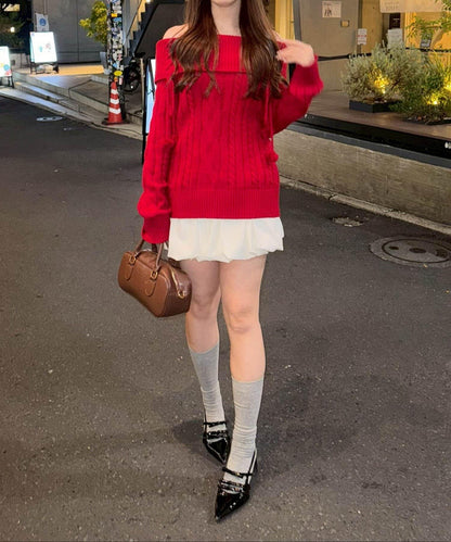 【HolidayCollection】一字肩麻花針織衫