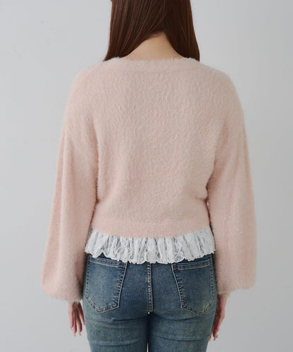 亮片羽毛紗拼接蕾絲下襬開衫