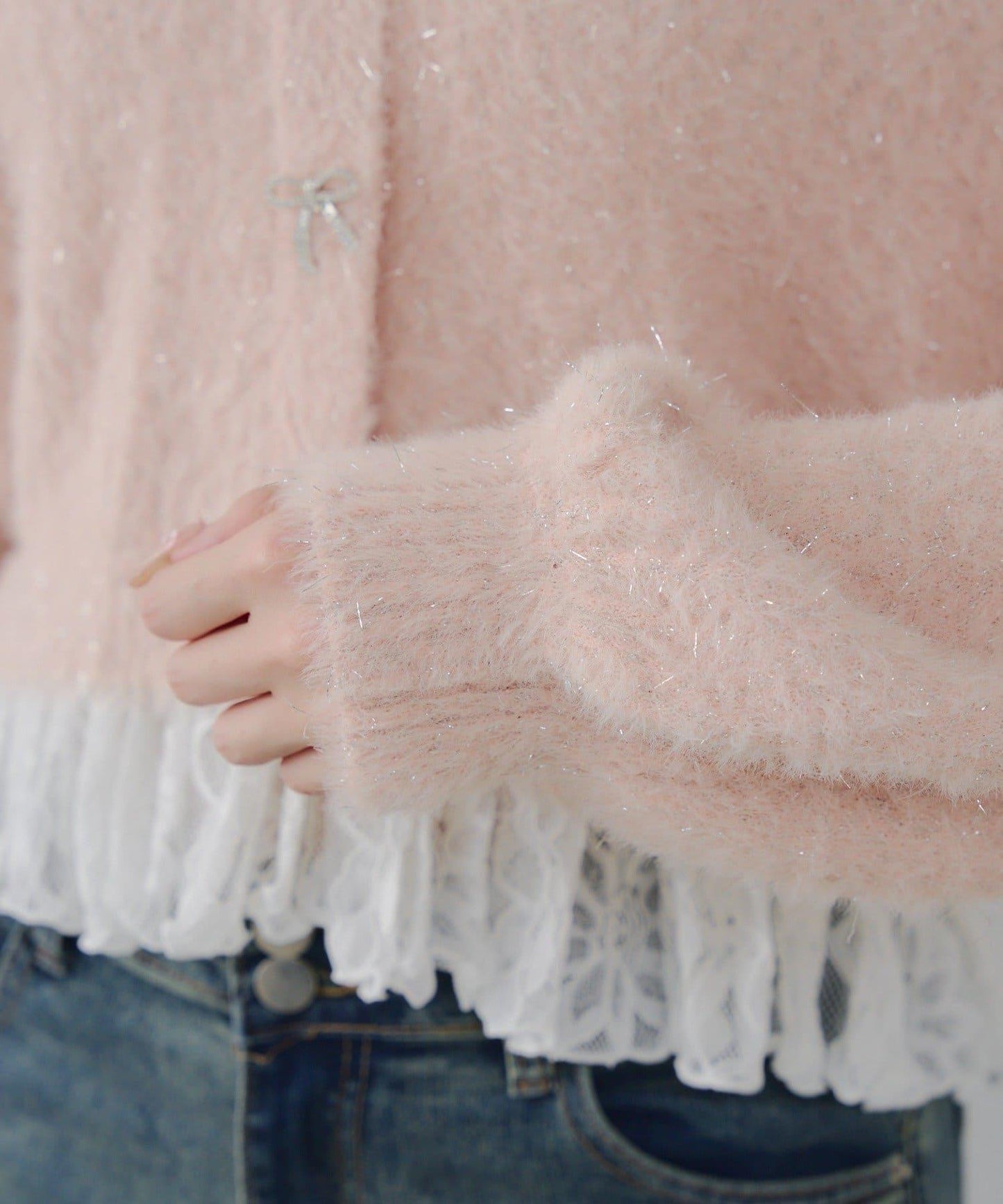 亮片羽毛紗拼接蕾絲下襬開衫