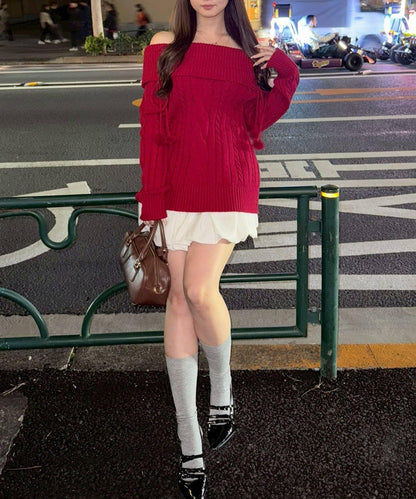 【HolidayCollection】一字肩麻花針織衫