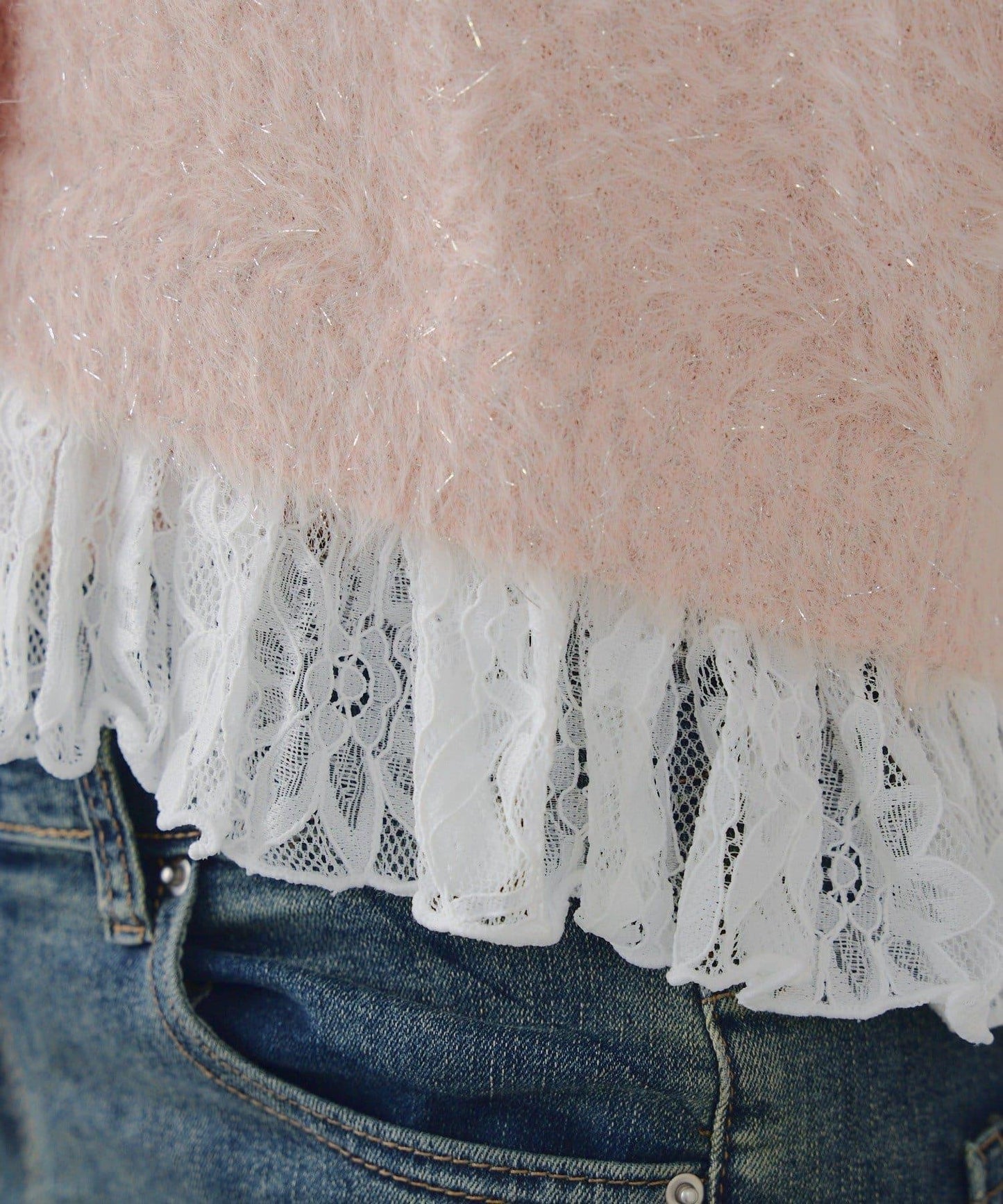 亮片羽毛紗拼接蕾絲下襬開衫