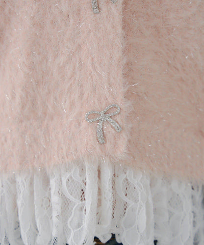 亮片羽毛紗拼接蕾絲下襬開衫