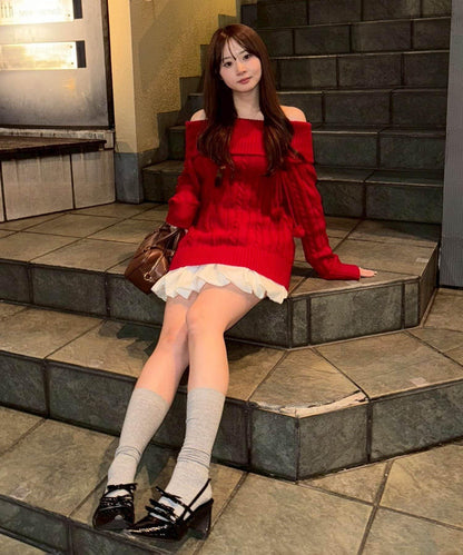 【HolidayCollection】一字肩麻花針織衫