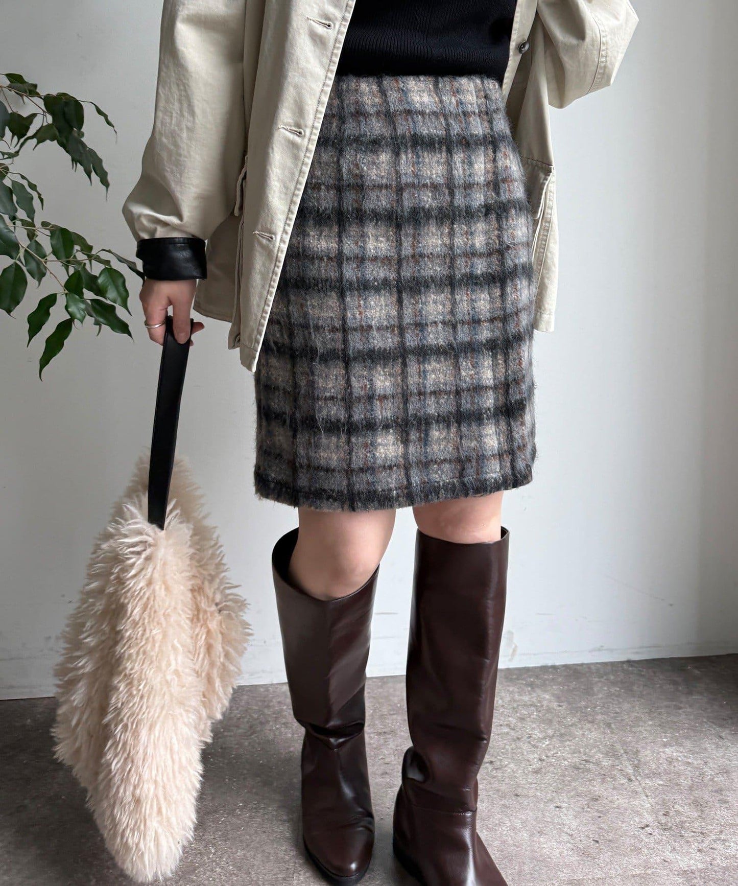 毛絨格紋迷你裙