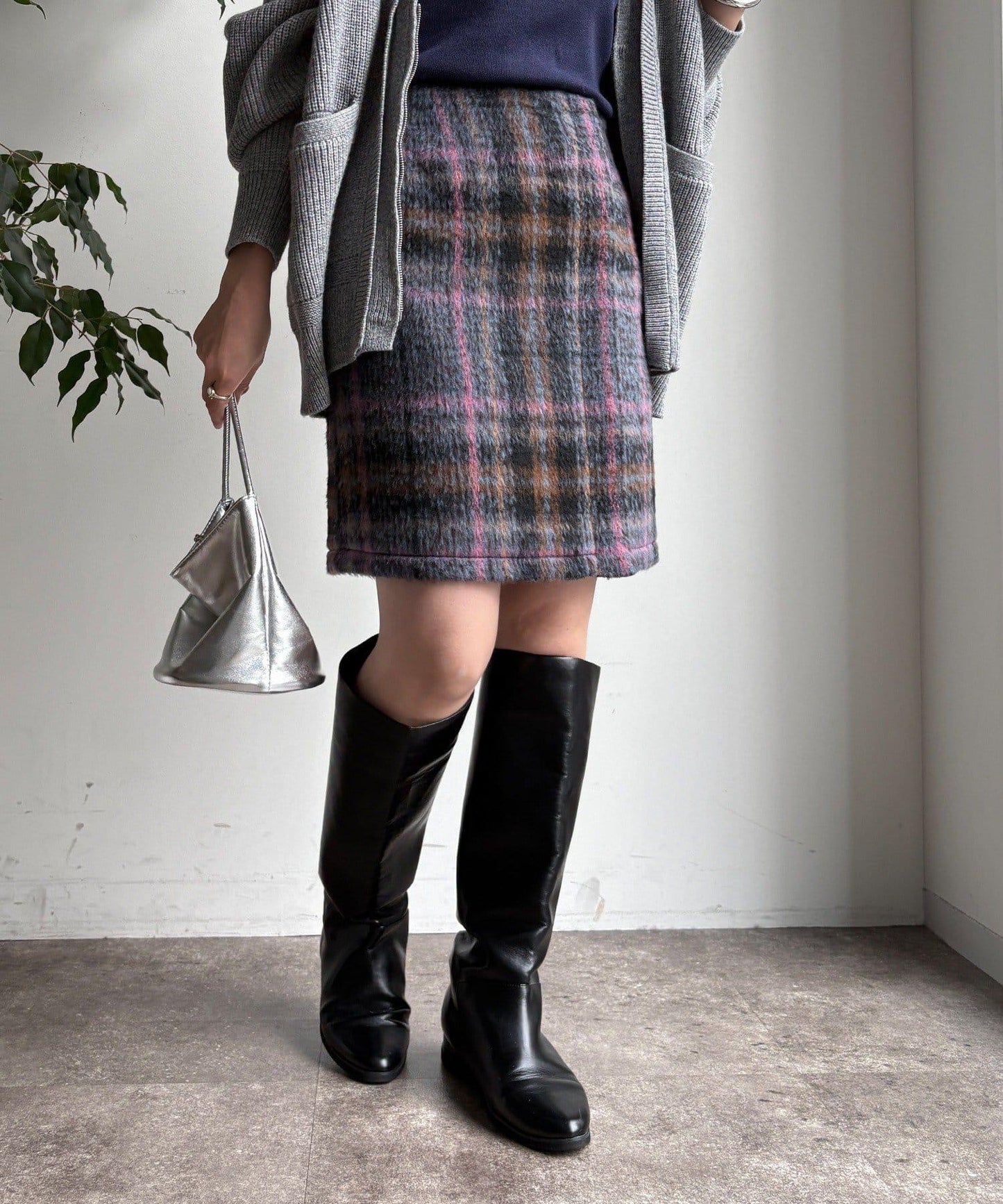 毛絨格紋迷你裙