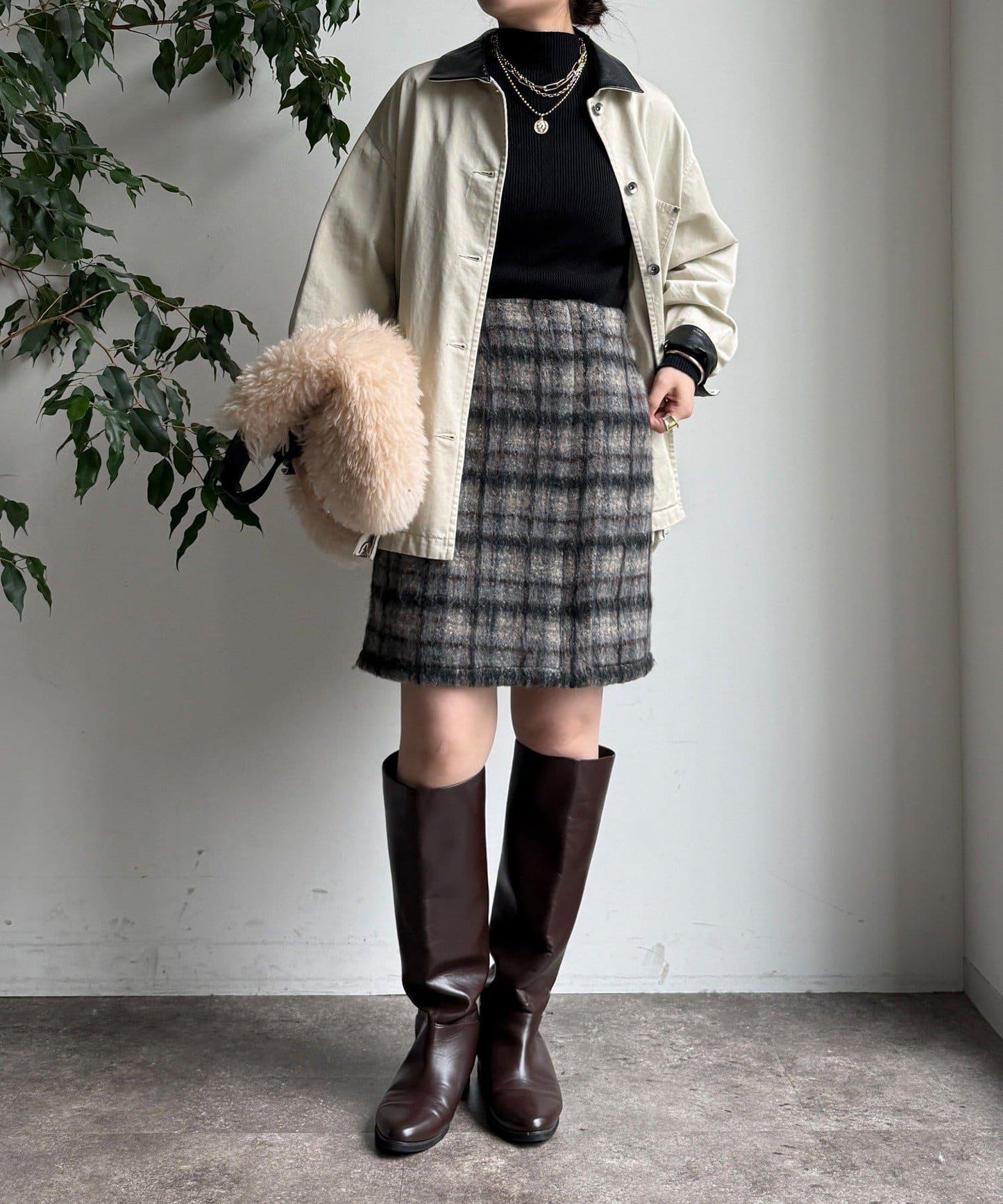 毛絨格紋迷你裙