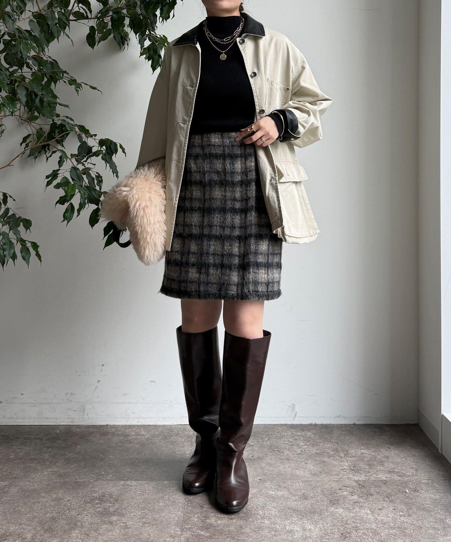 毛絨格紋迷你裙