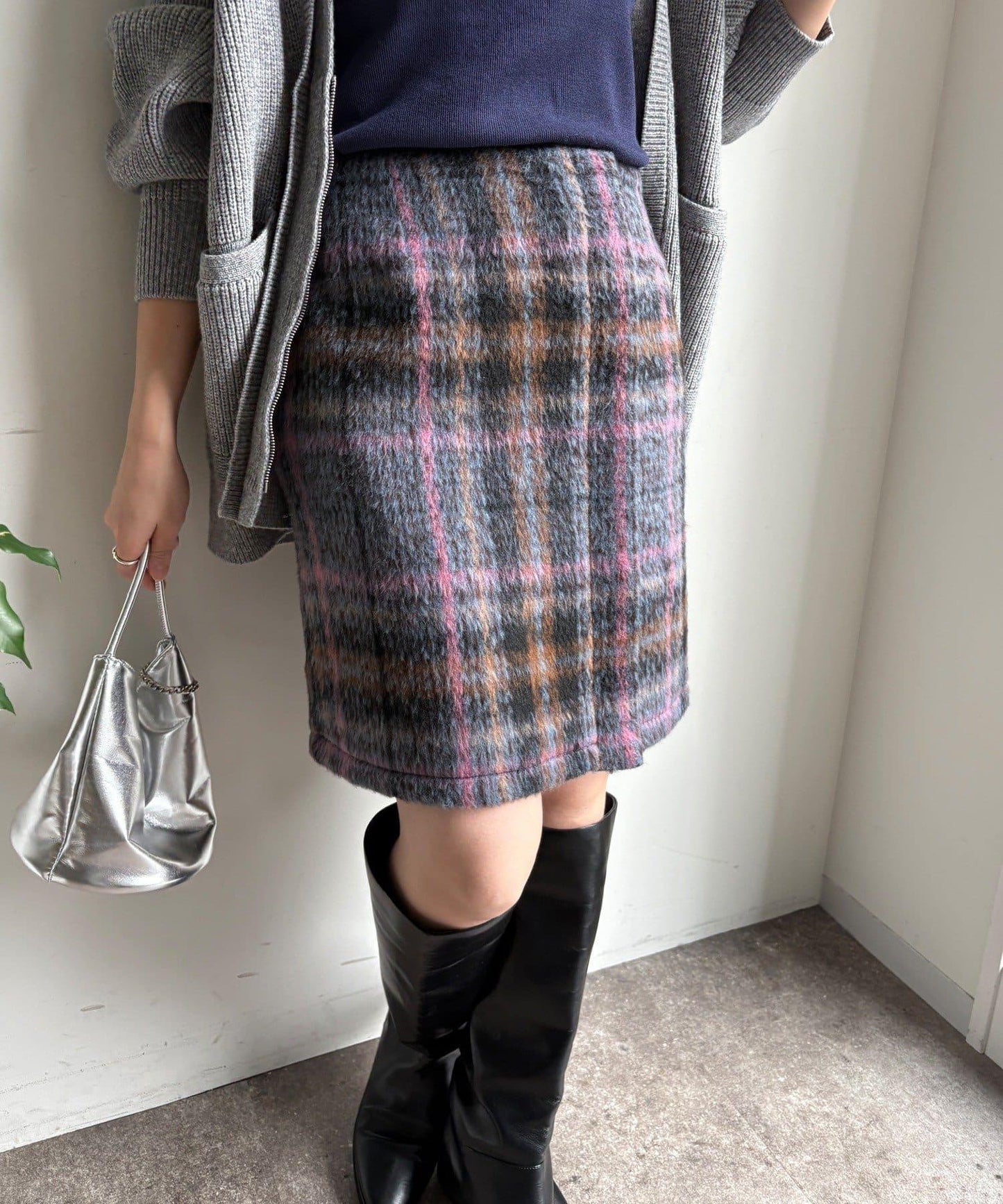 毛絨格紋迷你裙