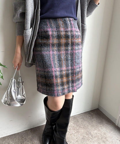 毛絨格紋迷你裙