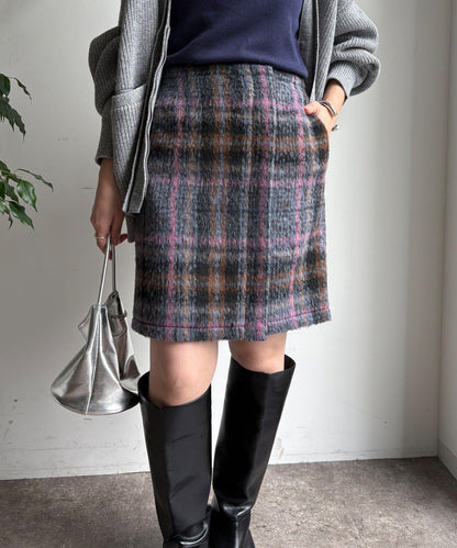 毛絨格紋迷你裙