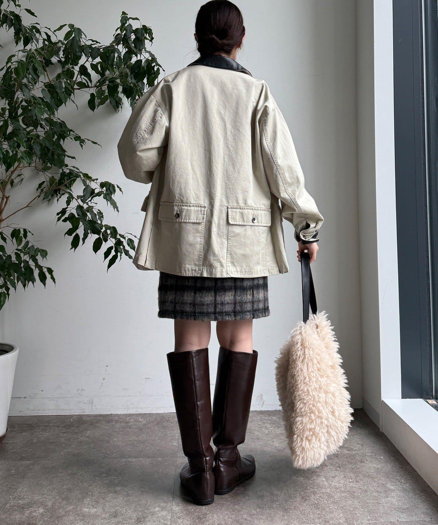 毛絨格紋迷你裙