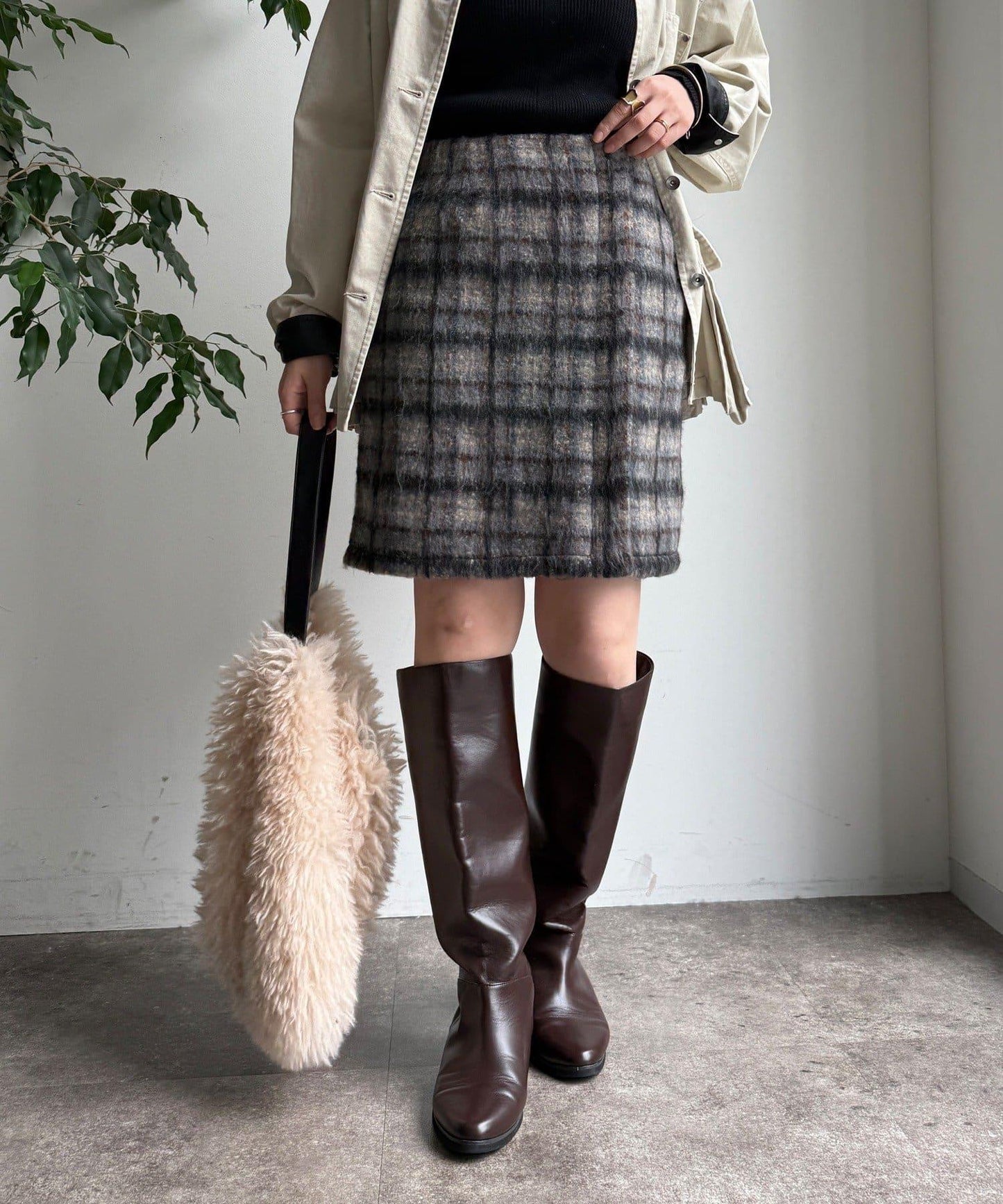 毛絨格紋迷你裙
