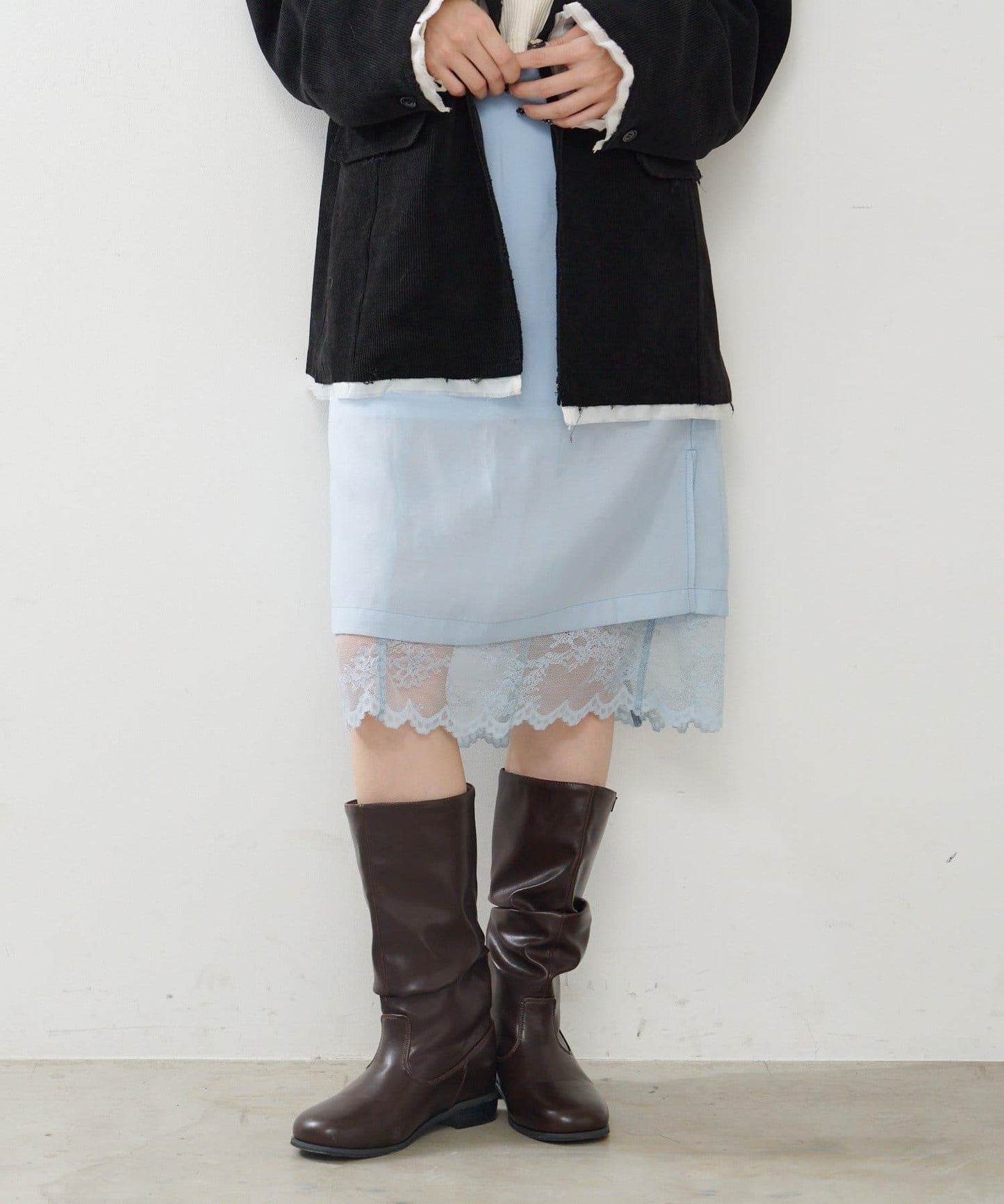 緞面蕾絲中長裙套裝