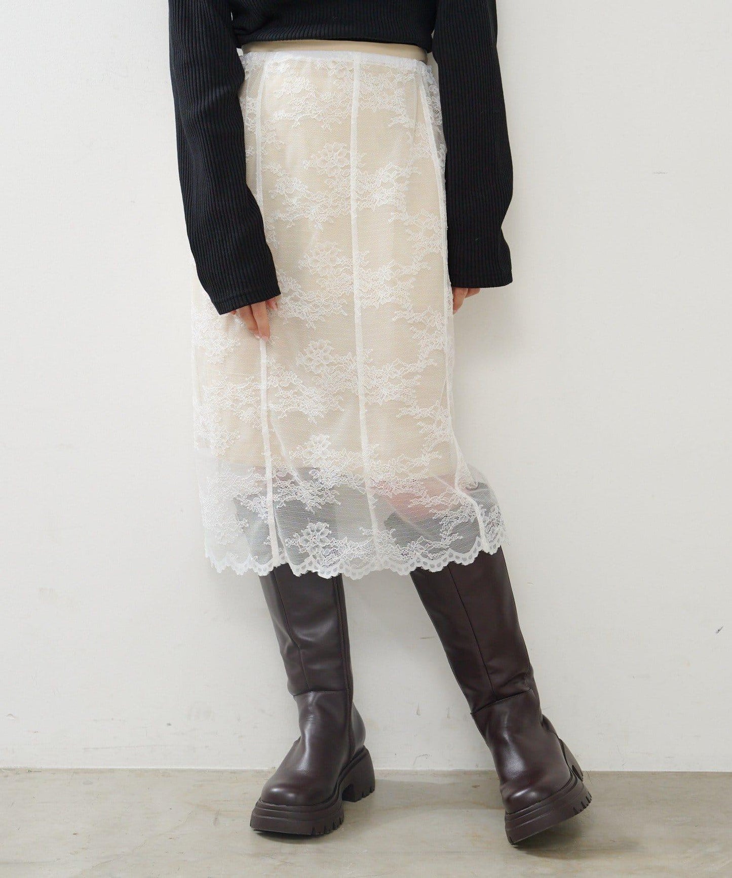 緞面蕾絲中長裙套裝