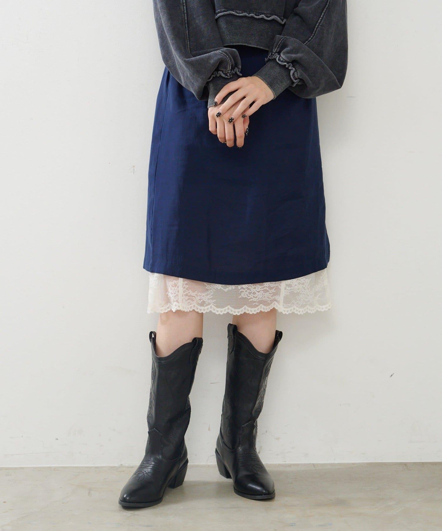 緞面蕾絲中長裙套裝